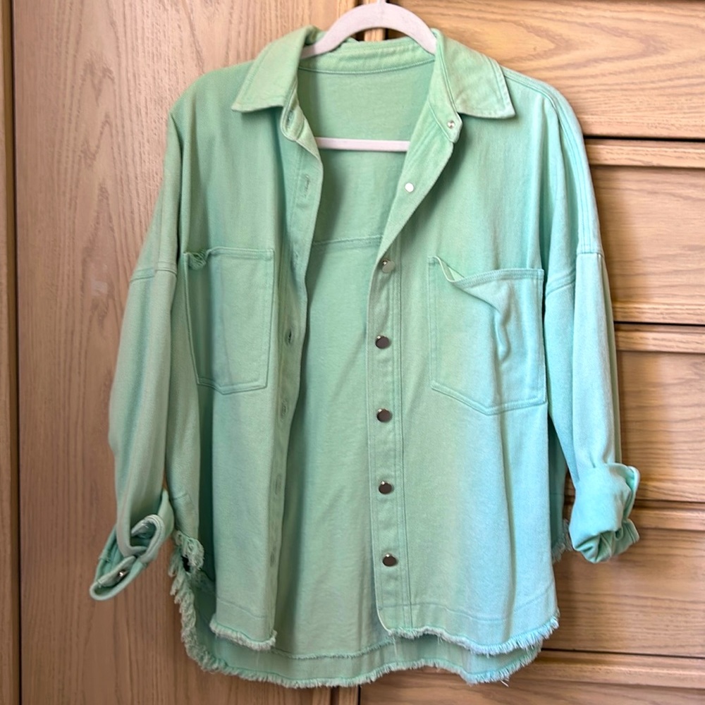 distressed denim jacket in mint color size small
